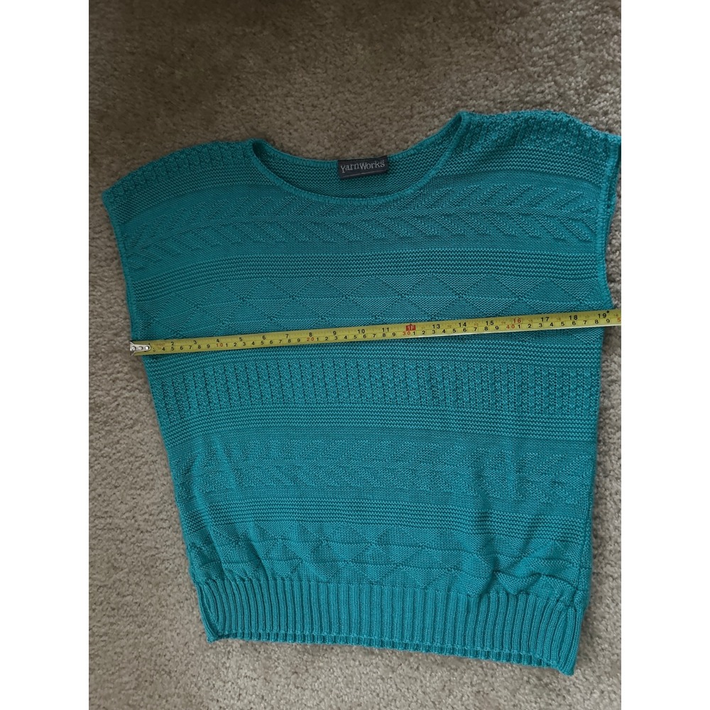 Vintage YarnWorks Teal Green Textured Knit Short Sleeve Sweater Top Crew Neck - Picture 4 of 6